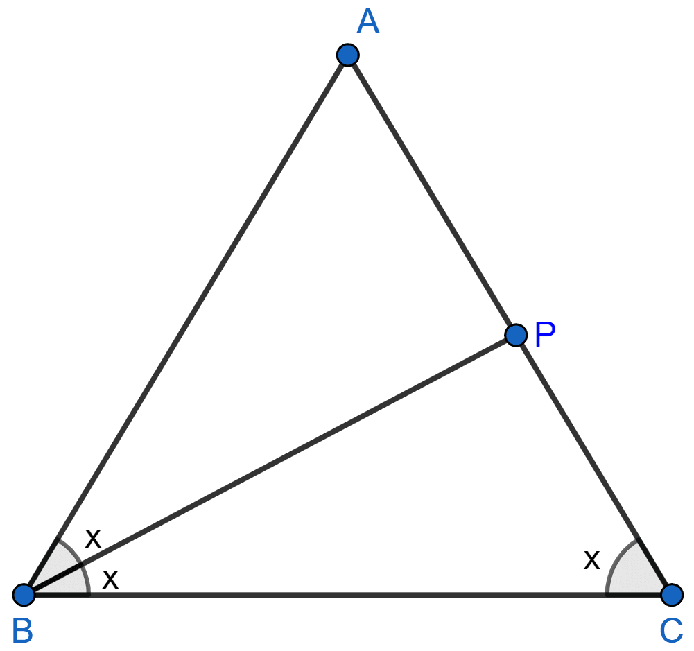 In ΔABC, angle ABC is equal to twice the angle ACB, and bisector of angle ABC meets the opposite side at point P. Show that (i) CB : BA = CP : PA. (ii) AB x BC = BP x CA. Similarity, Concise Mathematics Solutions ICSE Class 10.