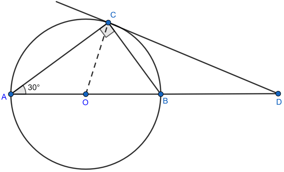 AB is the diameter and AC is a chord of a circle with center O such that angle BAC = 30°. The tangent to the circle at C intersects AB produced in D. Show that : BC = BD. Tangents and Intersecting Chords, Concise Mathematics Solutions ICSE Class 10.
