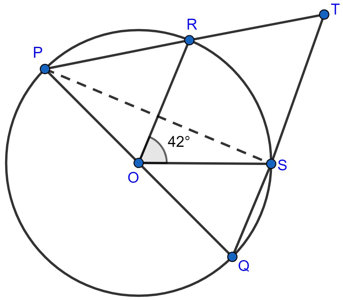 In the given figure, PQ is the diameter of the circle whose center is O. Given, ∠ROS = 42°, calculate ∠RTS. Circles, Concise Mathematics Solutions ICSE Class 10.