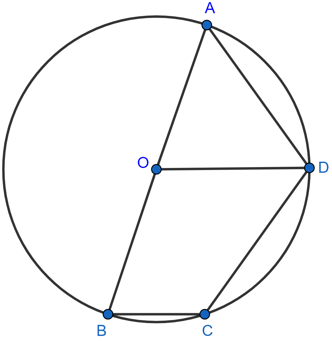 AB is the diameter of the circle with center O. OD is parallel to BC and ∠AOD = 60°. Calculate the numerical values of : ∠ABD, ∠DBC, ∠ADC. Circles, Concise Mathematics Solutions ICSE Class 10.