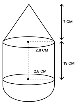 A solid is in the form of right circular cylinder with a hemisphere at one end and a cone at the other end. The radius of the common base is 2.8 cm and heights of cylinder and conical portions are 14 cm and 7 cm respectively. Find : Model Question Paper - 3, Concise Mathematics Solutions ICSE Class 10.