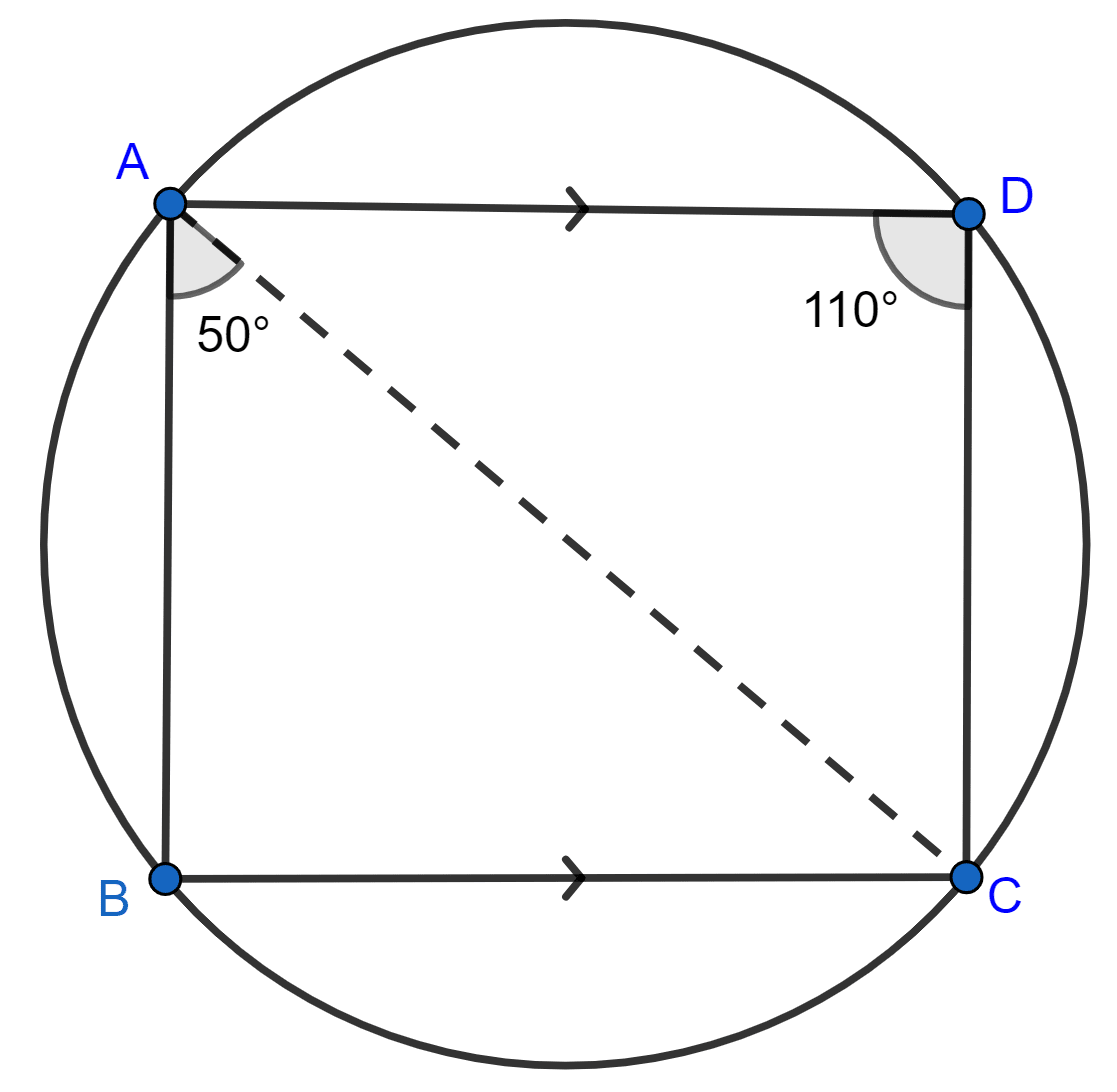 ABCD is a cyclic quadrilateral in which BC is parallel to AD, angle ADC = 110° and angle BAC = 50°. Find angle DAC and angle DCA. Tangents and Intersecting Chords, Concise Mathematics Solutions ICSE Class 10.