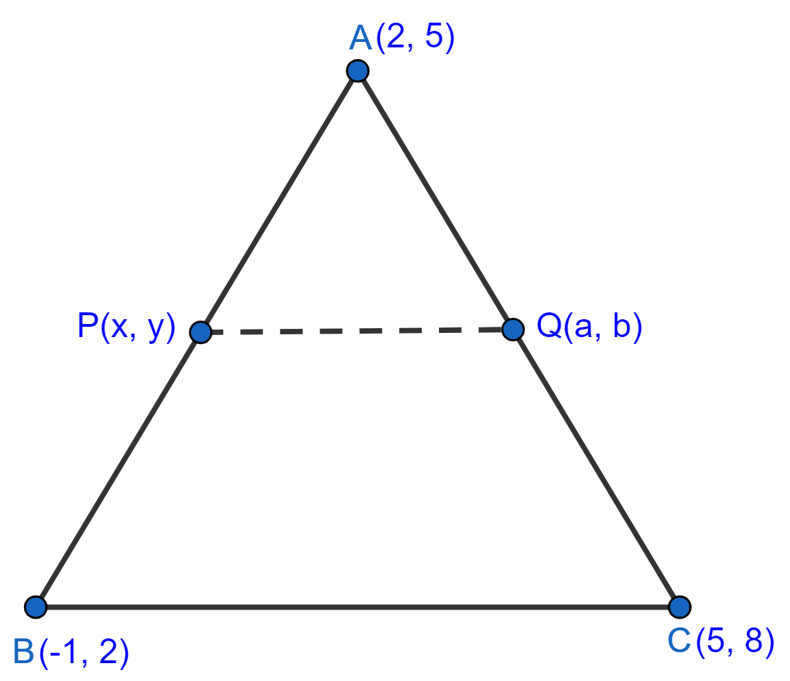 A(2, 5), B(-1, 2) and C(5, 8) are the vertices of △ABC. P and Q are points on AB and AC respectively such that AP : PB = AQ : QC = 1 : 2. (a) Find the coordinates of points P and Q. (b) Show that BC = 3 × PQ. Chapterwise Revision, Concise Mathematics Solutions ICSE Class 10.