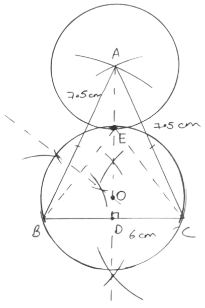 Use ruler and compasses for this question. (i) Construct an isosceles triangle ABC in which AB = AC = 7.5 cm and BC = 6 cm. (ii) Draw AD, the perpendicular from vertex A to side BC. (iii) Draw a circle with center A and radius 2.8 cm, cutting AD at E. (iv) Construct another circle to circumscribe the triangle BCE. Mixed Practice, Concise Mathematics Solutions ICSE Class 10.