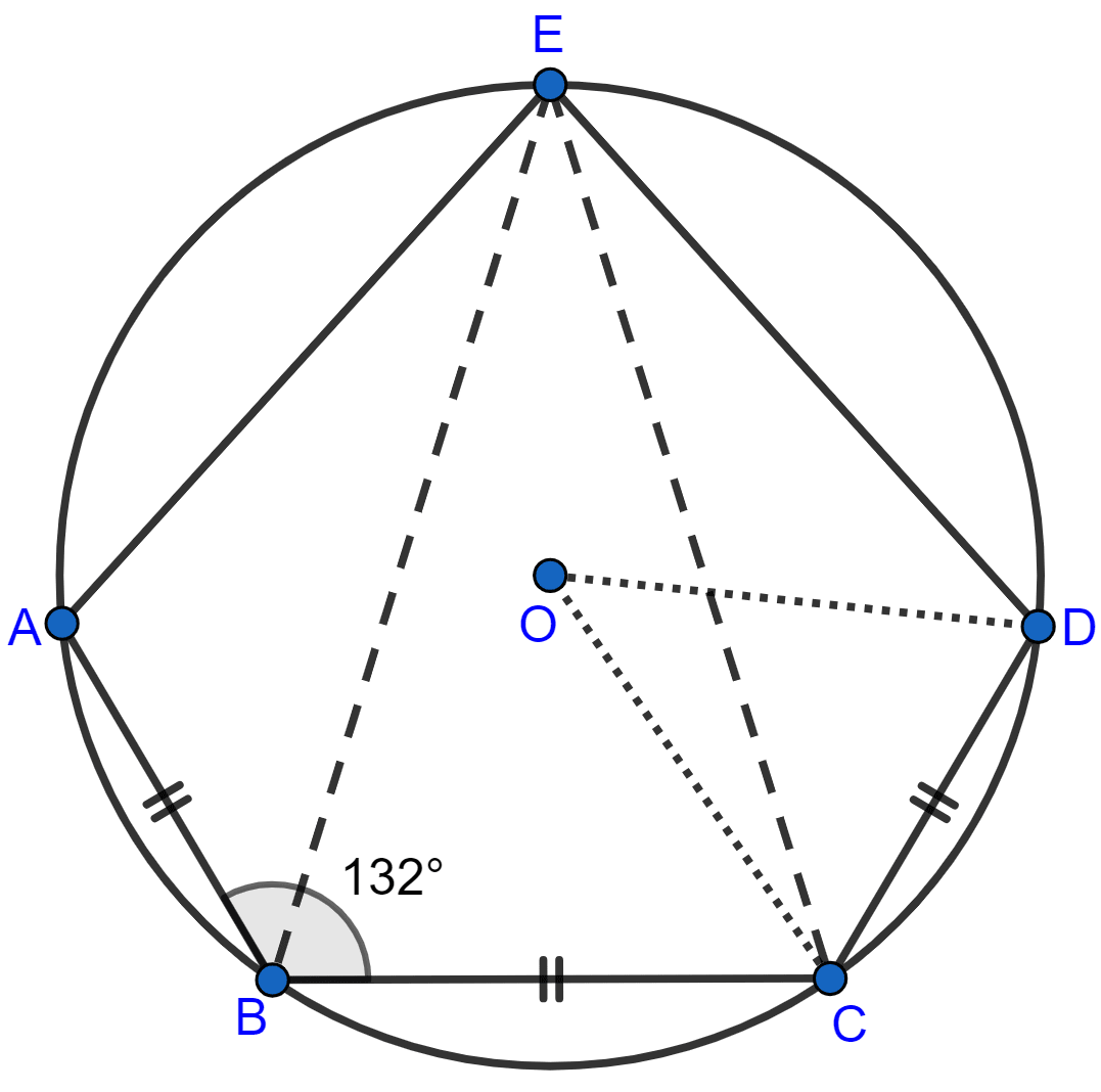 In the given figure, AB = BC = CD and ∠ABC = 132°. Calculate : ∠AEB, ∠AED, ∠COD. Circles, Concise Mathematics Solutions ICSE Class 10.