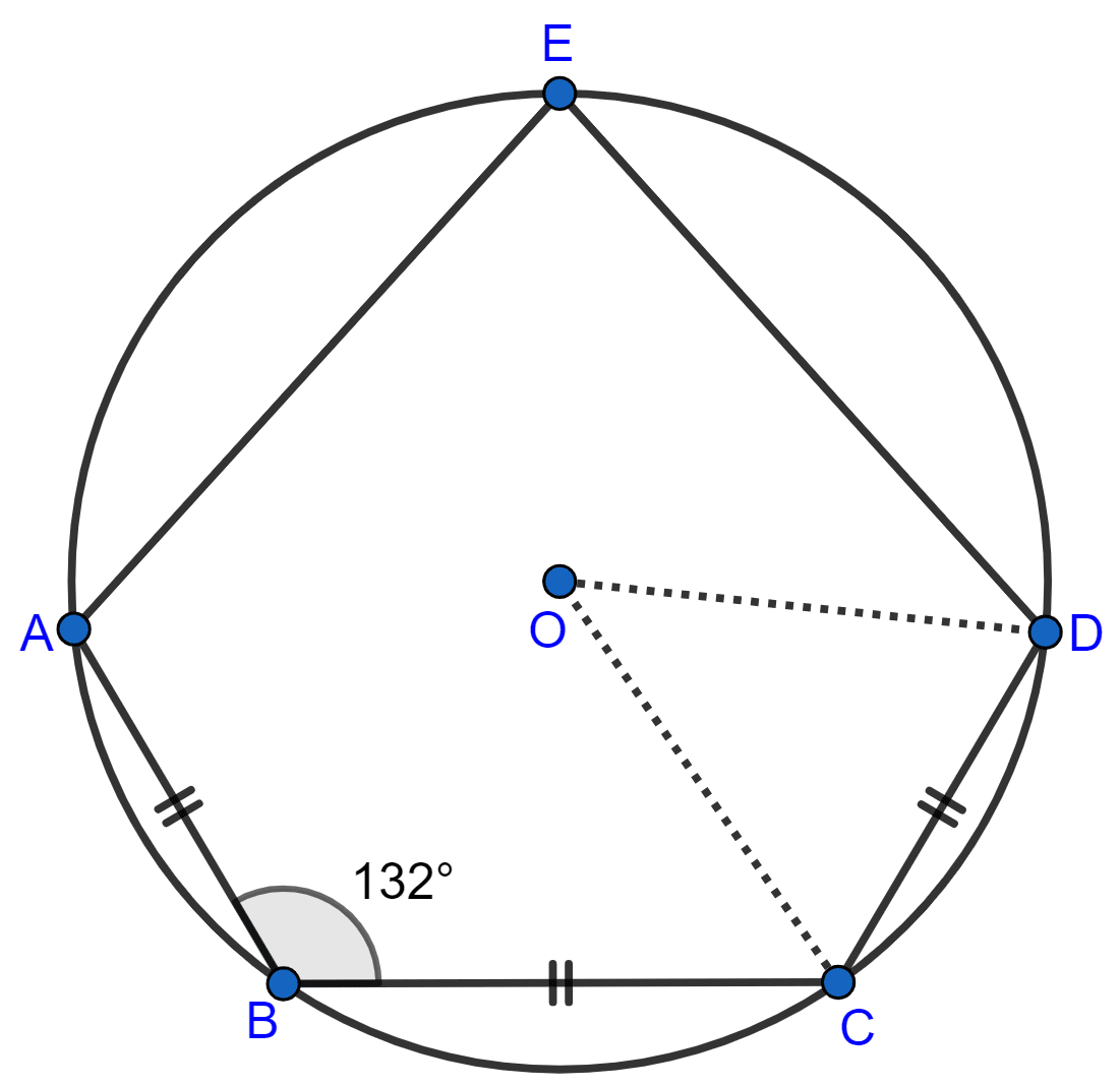 In the given figure, AB = BC = CD and ∠ABC = 132°. Calculate : ∠AEB, ∠AED, ∠COD. Circles, Concise Mathematics Solutions ICSE Class 10.