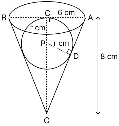 A conical vessel of radius 6 cm and height 8 cm is completely filled with water. A sphere is lowered into the water and its size is such that when it touches the sides it is just immersed . What fraction of water overflows. Mixed Practice, Concise Mathematics Solutions ICSE Class 10.