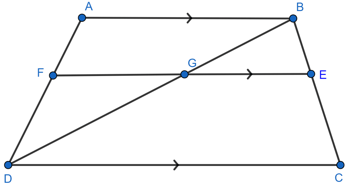 In trapezium ABCD, AB || DC and DC = 2AB. EF drawn parallel to AB cuts AD in F and BC in E such that 4 BE = 3EC. Diagonal DB intersects FE at point G. Prove that : 7EF = 10AB. Chapterwise Revision, Concise Mathematics Solutions ICSE Class 10.