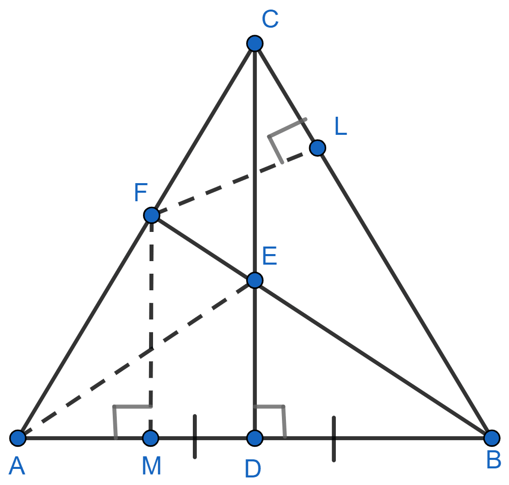 In triangle ABC, D is mid-point of AB and CD is perpendicular to AB. Bisector of ∠ABC meets CD at E and AC at F. Prove that. (i) E is equidistant from A and B. (ii) F is equidistant from AB and BC. Prove that : 7EF = 10AB. Chapterwise Revision, Concise Mathematics Solutions ICSE Class 10.