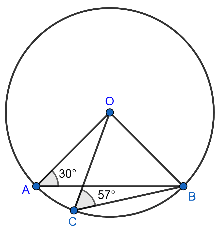 In the given figure, ∠OAB = 30° and ∠OCB = 57°, find ∠BOC and ∠AOC. Chapterwise Revision, Concise Mathematics Solutions ICSE Class 10.