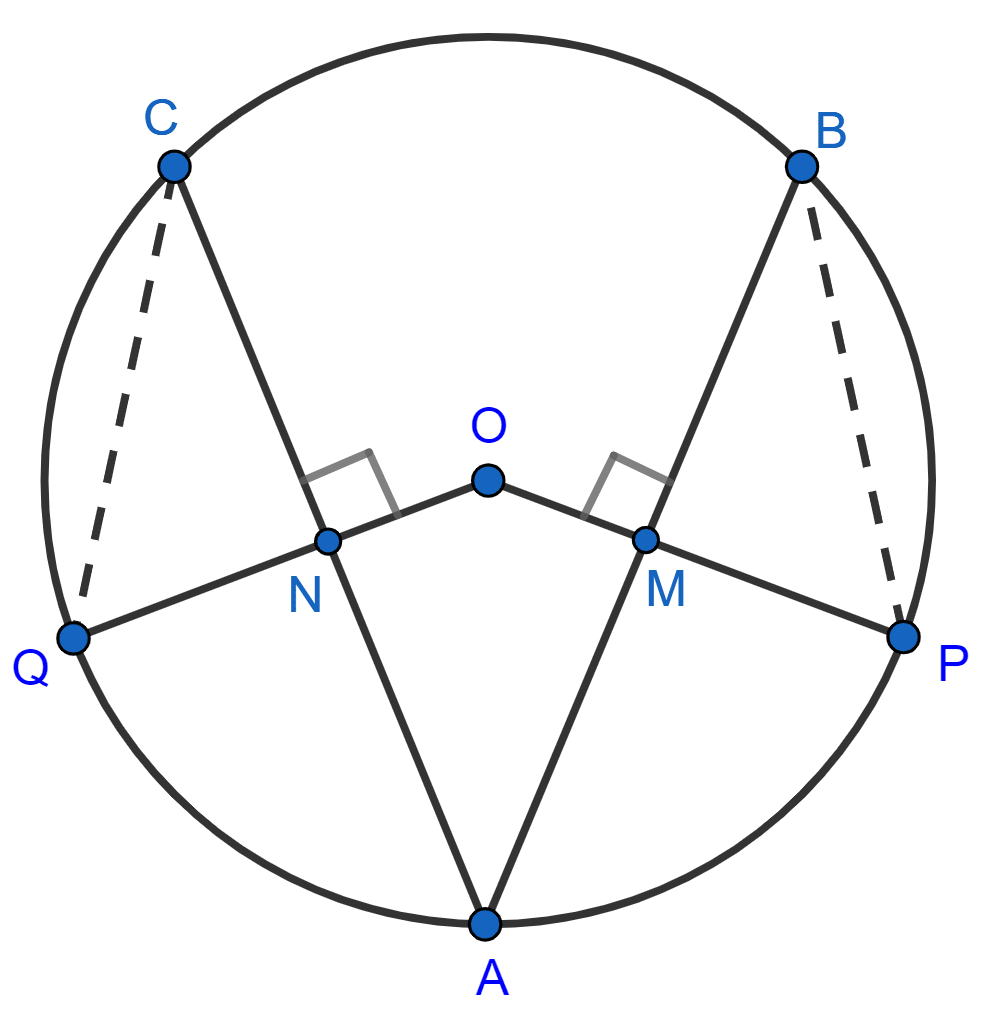 In the given figure, O is the center of the circle. If chord AB = chord AC, OP ⊥ AB and OQ ⊥ AC; show that : PB = QC. Chapterwise Revision, Concise Mathematics Solutions ICSE Class 10.