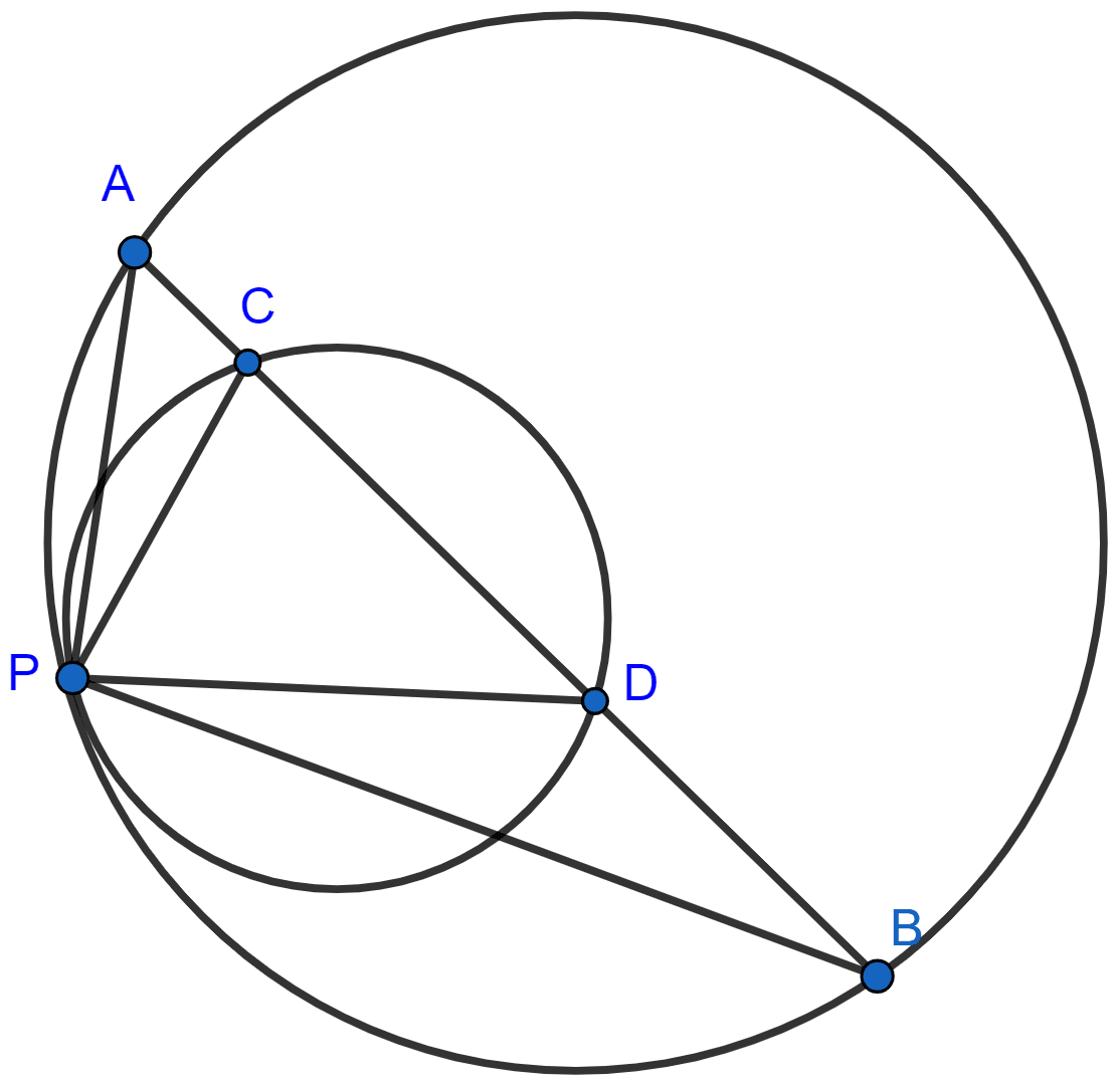 Two circles touch each other internally at a point P. A chord AB of the bigger circle intersects the other circle in C and D. Prove that : ∠CPA = ∠DPB. Tangents and Intersecting Chords, Concise Mathematics Solutions ICSE Class 10.