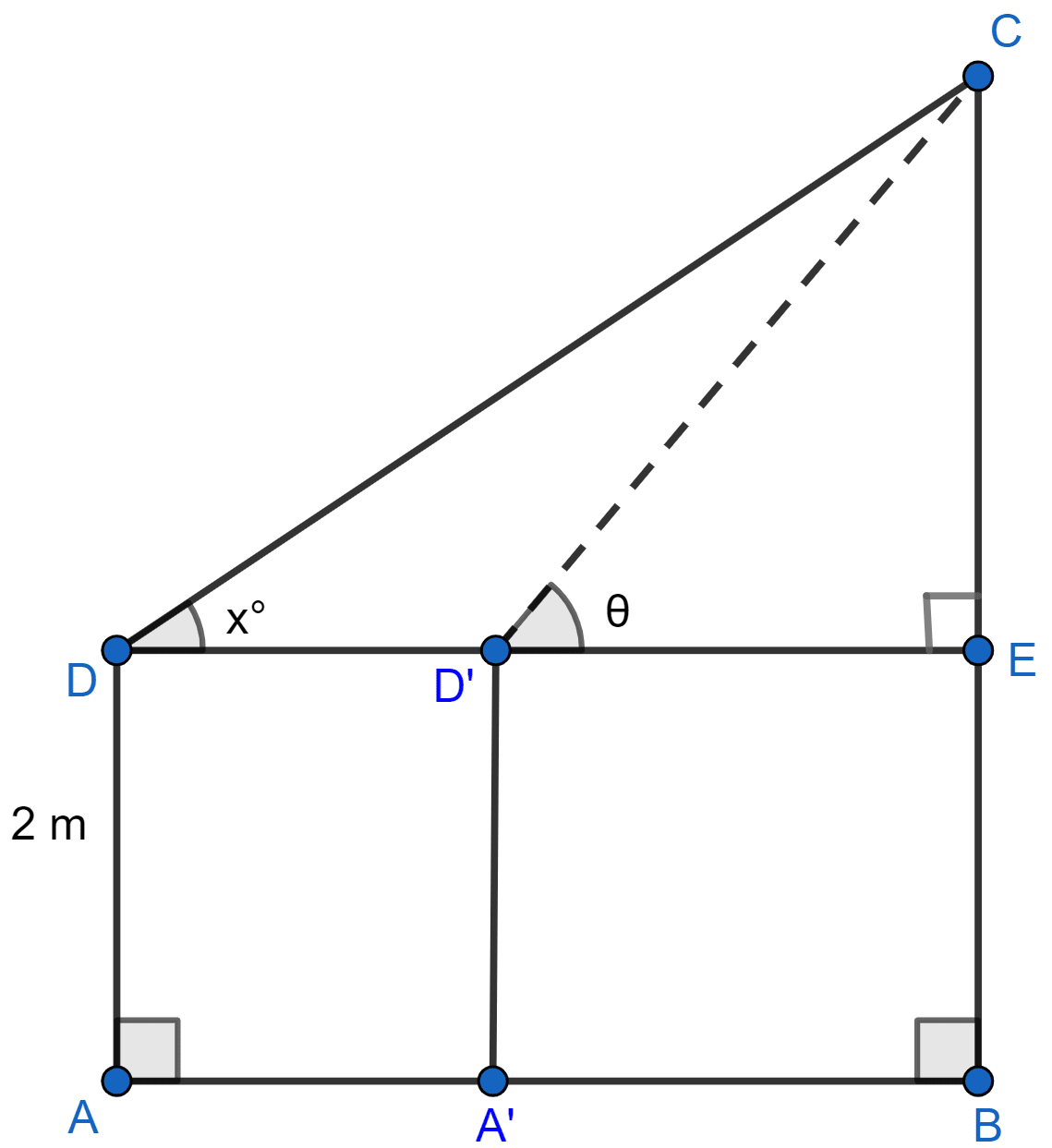 With reference to the given figure, a man stands on the ground at point A, which is on the same horizontal plane as B, the foot of the vertical pole BC. The height of the pole is 10 m. The man's eye is 2 m above the ground. He observes the angle of elevation of C, the top of the pole, as x°, where tan x° =. Calculate: (i) the distance AB in metres; (ii) angle of elevation of the top of the pole when he is standing 15 metres from the pole. Give your answer to the nearest degree. Heights and Distances, Concise Mathematics Solutions ICSE Class 10.