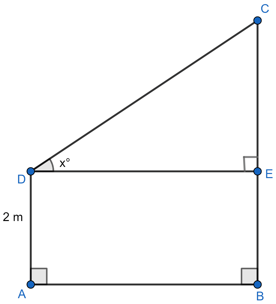 With reference to the given figure, a man stands on the ground at point A, which is on the same horizontal plane as B, the foot of the vertical pole BC. The height of the pole is 10 m. The man's eye is 2 m above the ground. He observes the angle of elevation of C, the top of the pole, as x°, where tan x° =. Calculate: (i) the distance AB in metres; (ii) angle of elevation of the top of the pole when he is standing 15 metres from the pole. Give your answer to the nearest degree. Heights and Distances, Concise Mathematics Solutions ICSE Class 10.