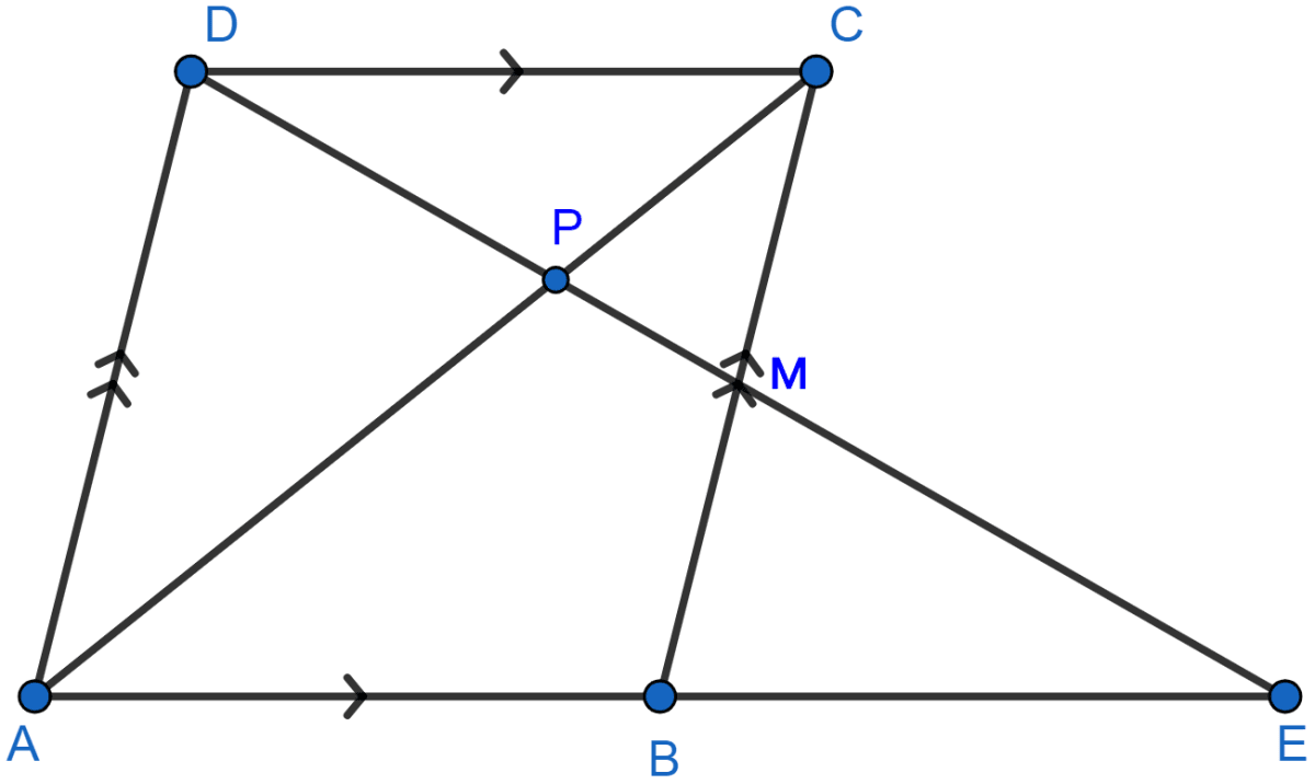 In the figure, M is the mid-point of BC of a parallelogram ABCD. DM intersects the diagonal AC at P and AB produced at E. Prove that : PE = 2PD. Similarity, Concise Mathematics Solutions ICSE Class 10.