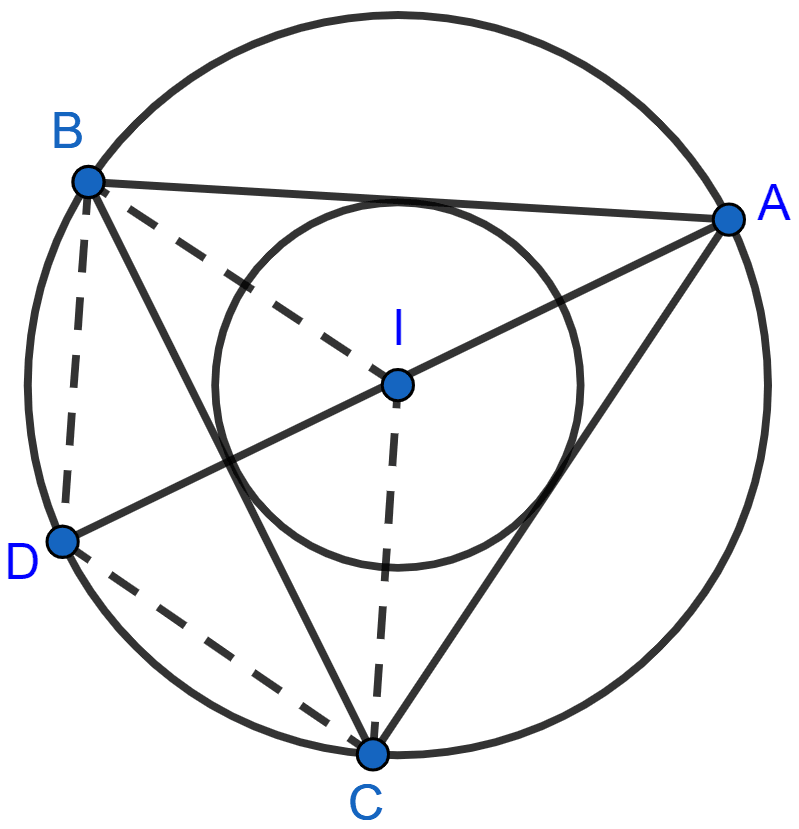 If I is the incentre of triangle ABC and AI when produced meets the circumcircle of triangle ABC in point D. If ∠BAC = 66° and ∠ABC = 80°. Calculate : (i) ∠DBC, (ii) ∠IBC, (iii) ∠BIC. Circles, Concise Mathematics Solutions ICSE Class 10.