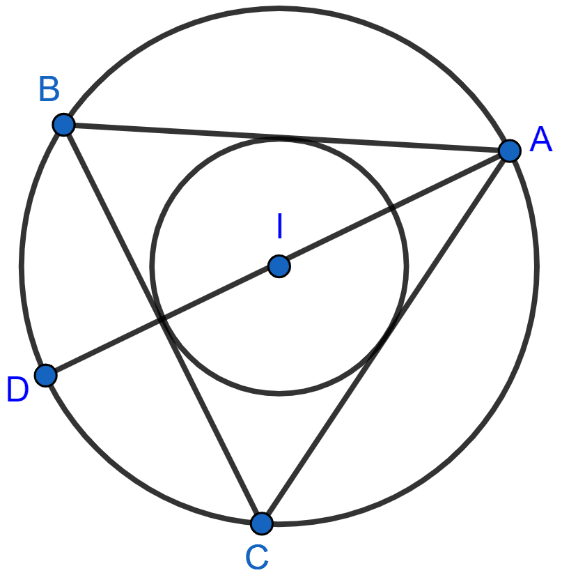 If I is the incentre of triangle ABC and AI when produced meets the circumcircle of triangle ABC in point D. If ∠BAC = 66° and ∠ABC = 80°. Calculate : (i) ∠DBC, (ii) ∠IBC, (iii) ∠BIC. Circles, Concise Mathematics Solutions ICSE Class 10.