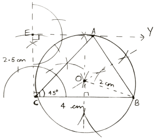 Using ruler and compasses only construct a triangle ABC in which BC = 4 cm, ∠ACB = 45° and perpendicular from A on BC is 2.5 cm. Draw a circle circumscribing the triangle ABC. Constructions, Concise Mathematics Solutions ICSE Class 10.