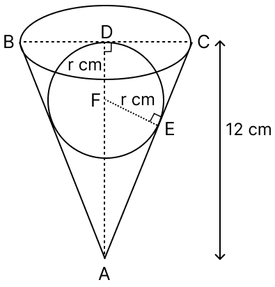 A sphere is placed in an inverted hollow conical vessel of base radius 5 cm and vertical height 12 cm. If the highest point of the sphere is at the level of the base of the cone, find the radius of the sphere. Show that the volume of the sphere and the conical vessel are as 40 : 81. Chapterwise Revision, Concise Mathematics Solutions ICSE Class 10.