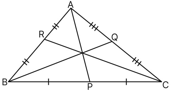 Statement 1: In the given figure, P is mid-point of side BC, then AP is a median of triangle ABC. Statement 2: Every triangle has three sides so three medians. For this reason, BQ and CR are also medians of △ABC. Which of the following options is correct? Triangles, Mathematics Solutions ICSE Class 6.