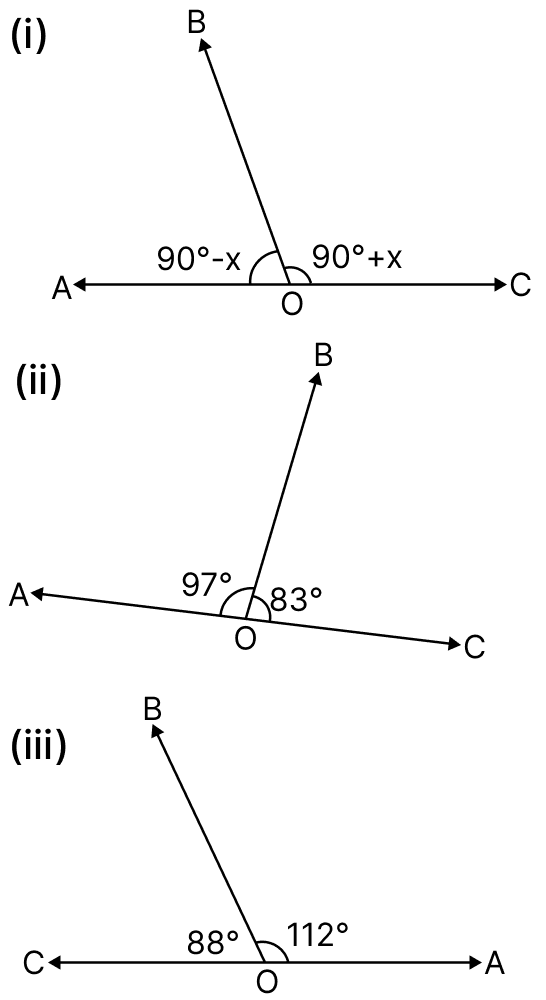 Each figure, given below, shows a pair of adjacent angles AOB and BOC. Find whether or not the exterior arms OA and OC are in the same straight line. Fundamental Concepts, Mathematics Solutions ICSE Class 6.