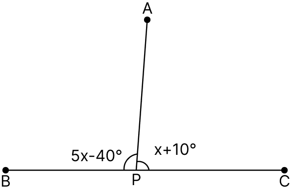A line segment AP stands at point P of a straight line BC such that ∠APB = 5x - 40° and ∠APC = x + 10°; find the values of x and angle APB. Fundamental Concepts, Mathematics Solutions ICSE Class 6.