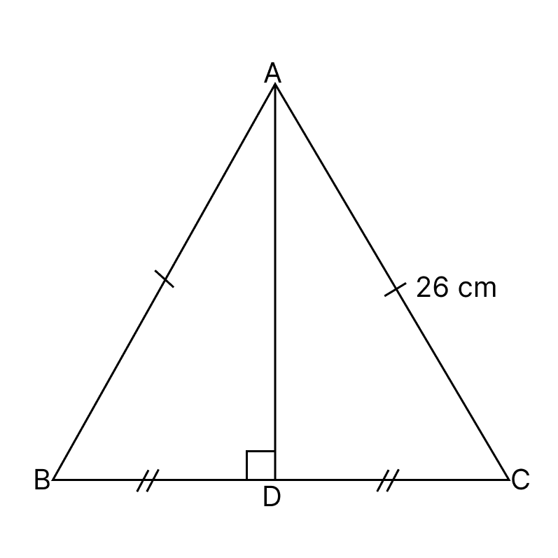 In the given figure, angle ADB = 90°, AC = AB = 26 cm and BD = DC. If the length of AD = 24 cm; find the length of BC. Pythagoras Theorem, Mathematics Solutions ICSE Class 7.
