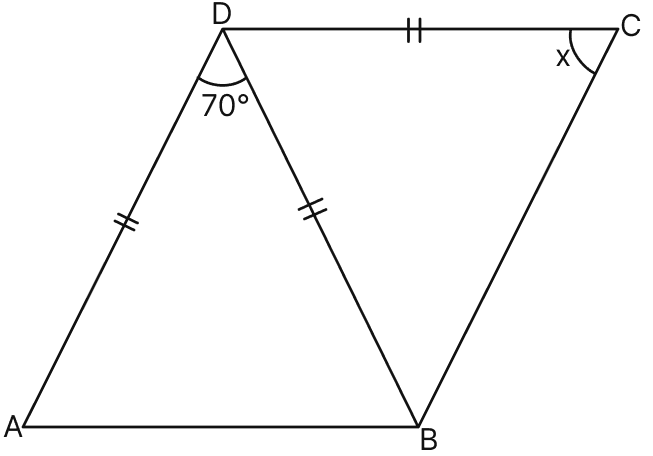 Find x in Figure (ii). Given: DA = DB = DC, BD bisects ∠ABC and ∠ADB = 70°. Triangles, Mathematics Solutions ICSE Class 7.