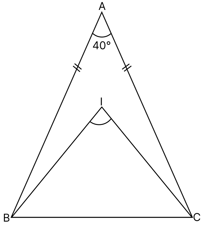 Assertion (A): In the given figure, BI and CI are the bisectors of ∠ABC and ∠ACB respectively. Then △BIC is an obtuse angled triangle. Reason (R): If any two sides of a given triangle are equal, the angles opposite to these sides are also equal. Triangles, Mathematics Solutions ICSE Class 7.