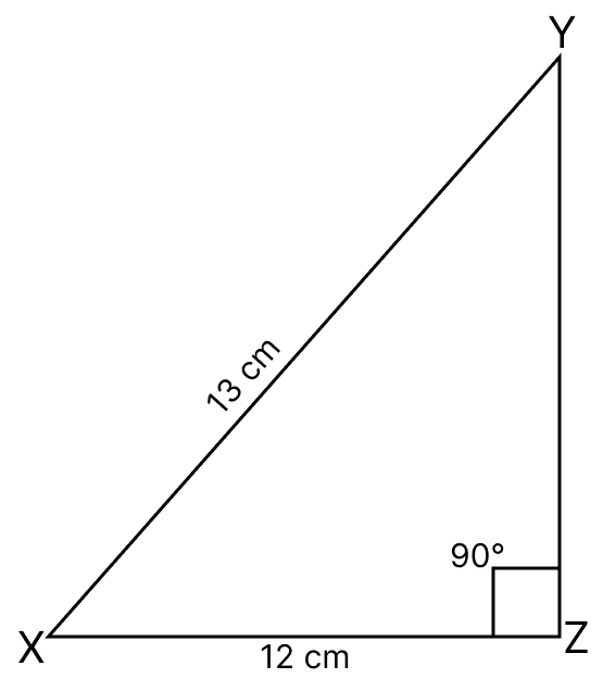 Triangle XYZ is right-angled at vertex Z. Calculate the length of YZ, if XY = 13 cm and XZ = 12 cm. Pythagoras Theorem, Mathematics Solutions ICSE Class 7.