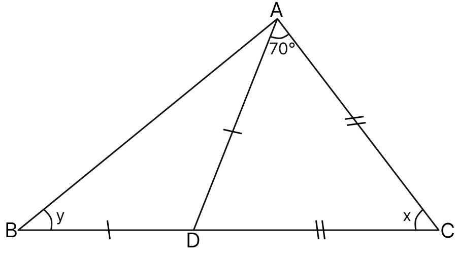 Apply the properties of isosceles and equilateral triangles to find the unknown angles in the given figure:. Triangles, Mathematics Solutions ICSE Class 7.
