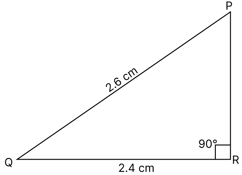 Triangle PQR is right-angled at vertex R. Calculate the length of PR, if: PQ = 2.6 cm and QR = 2.4 cm. Pythagoras Theorem, Mathematics Solutions ICSE Class 7.