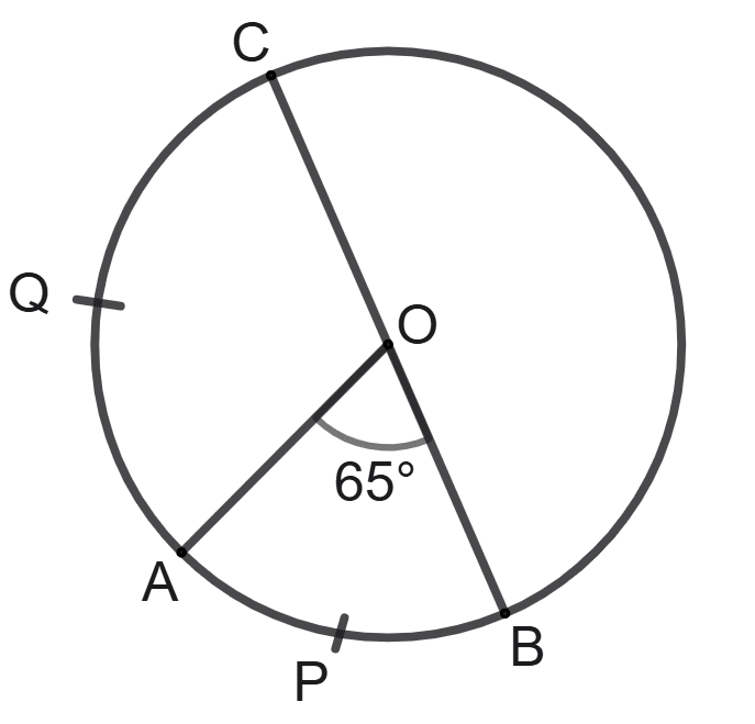 The given figure shows a circle with center O. If length of arc AQC is double of arc APB and ∠AOB = 65°; then angle AOC is. Circles, Concise Mathematics Solutions ICSE Class 8.