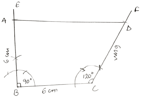 Construct a quadrilateral ABCD, such that AB = BC = CD = 6 cm, ∠B = 90° and ∠C = 120°. Constructions, Concise Mathematics Solutions ICSE Class 8.