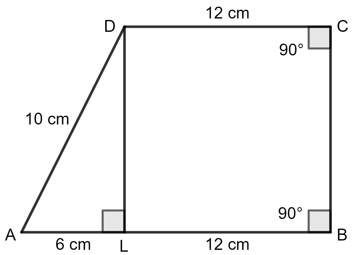 Find the area of the trapezium ABCD in which AB//DC, AB = 18 cm, ∠B = ∠C = 90°, CD = 12 cm and AD = 10 cm. Area of a Trapezium and a Polygon, Concise Mathematics Solutions ICSE Class 8.