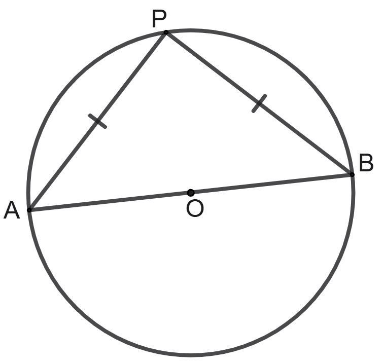 In a circle with centre O and diameter AB; angle APB is the angle of semicircle. If PA = PB; find the measure of each angle of triangle APB. Circles, Concise Mathematics Solutions ICSE Class 8.