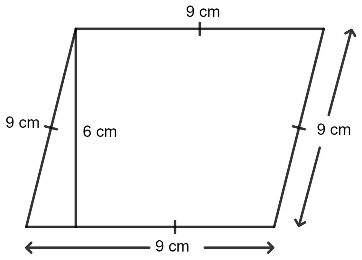Each side of a rhombus is 9 cm and the distance between its opposite sides is 6 cm. The area of the rhombus is : Area of a Trapezium and a Polygon, Concise Mathematics Solutions ICSE Class 8.