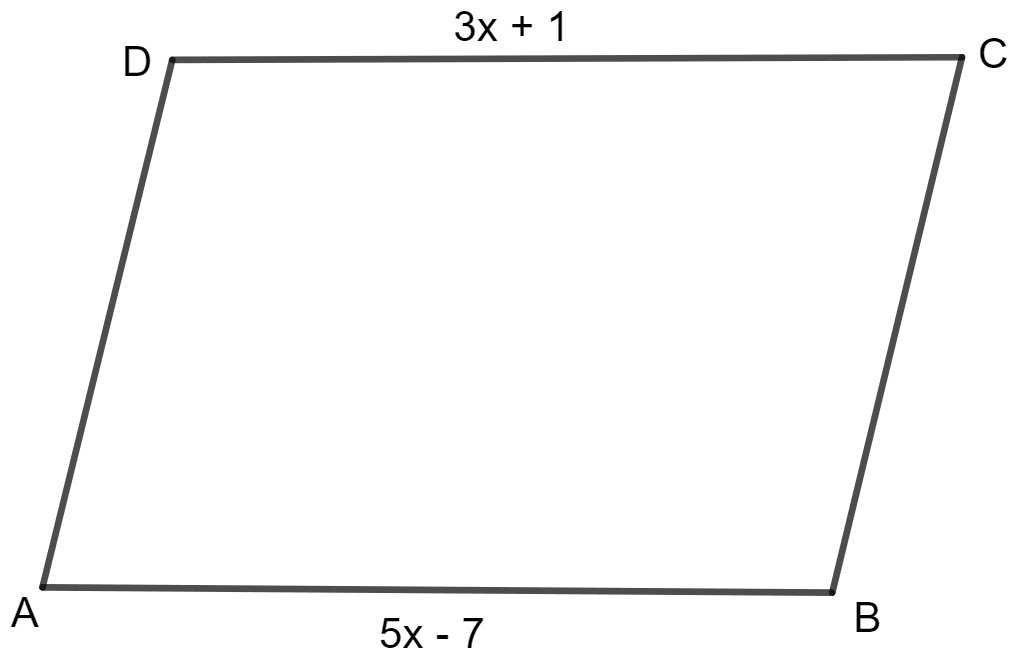 In parallelogram ABCD, ∠A = 3 times ∠B. Find all the angles of the parallelogram. In the same parallelogram, if AB = 5x - 7 and CD = 3x + 1, find the length of CD. Special Types of Quadrilaterals, Concise Mathematics Solutions ICSE Class 8.