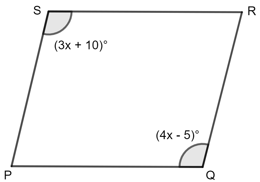 In parallelogram PQRS, ∠Q = (4x - 5)° and ∠S = (3x + 10)°. Calculate: ∠Q and ∠R. Special Types of Quadrilaterals, Concise Mathematics Solutions ICSE Class 8.