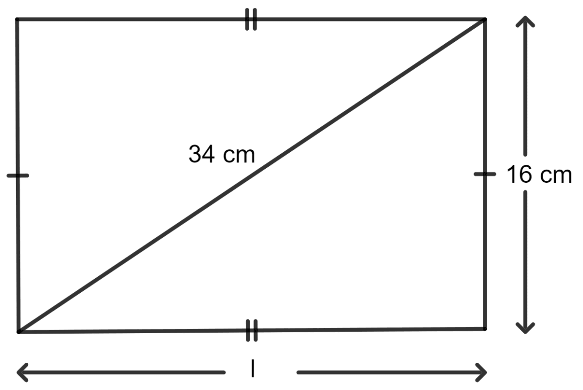 The diagonal of a rectangle is 34 cm. If its breadth is 16 cm, find its : Area of a Trapezium and a Polygon, Concise Mathematics Solutions ICSE Class 8.