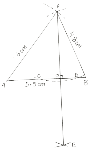 Draw a line segment AB = 5.5 cm. Mark a point P, such that PA = 6 cm and PB = 4.8 cm. From the point P, draw a perpendicular to AB. Constructions, Concise Mathematics Solutions ICSE Class 8.