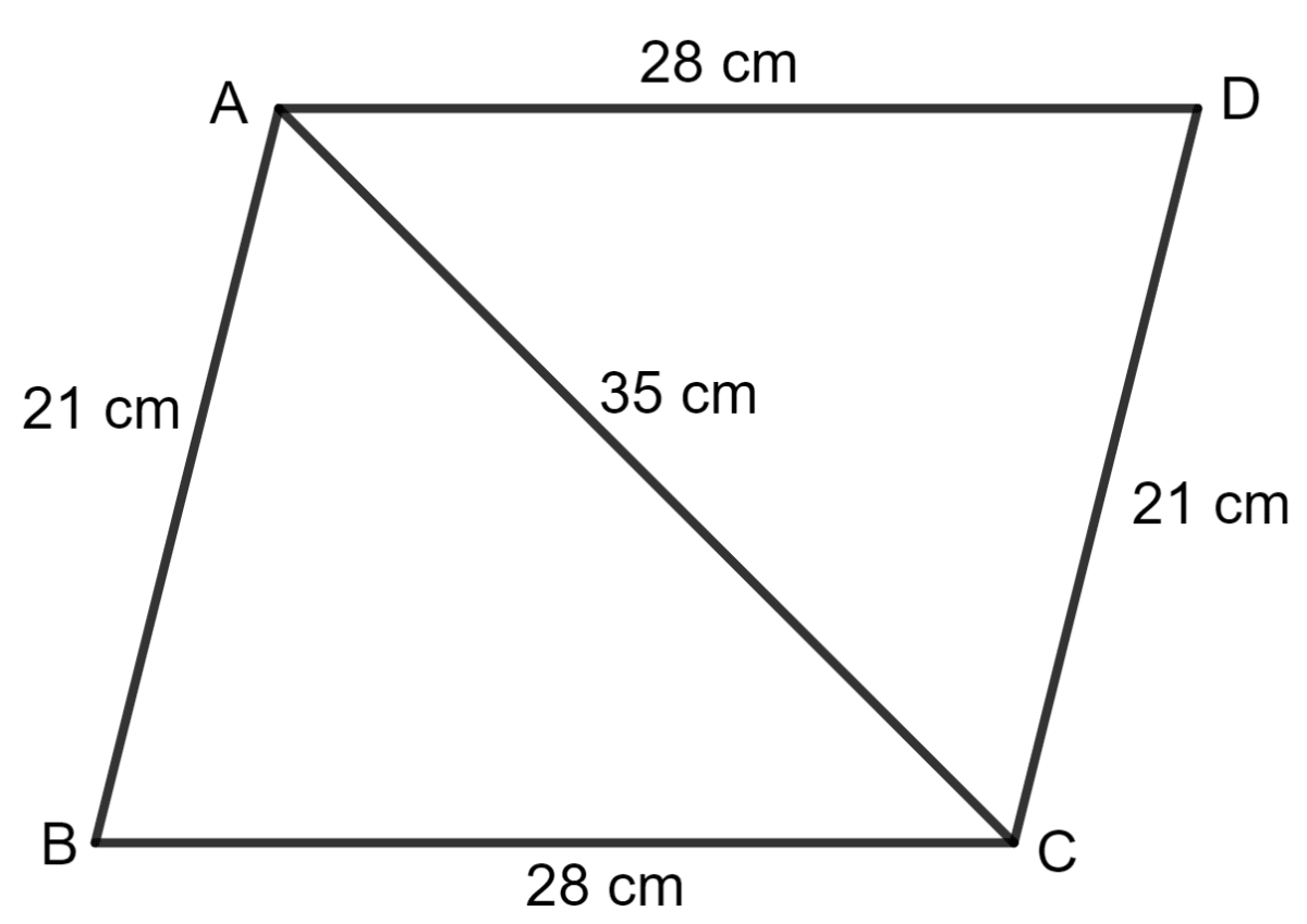 The adjacent sides of a parallelogram are 21 cm and 28 cm. If its one diagonal is 35 cm, find the area of the parallelogram. Area of a Trapezium and a Polygon, Concise Mathematics Solutions ICSE Class 8.