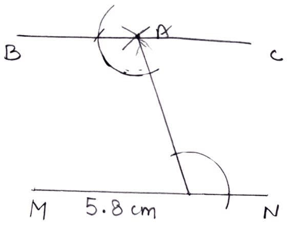 Draw a line MN = 5.8 cm. Locate a point A which is 4.5 cm from M and 5 cm from N. Through A draw a line parallel to line MN. Constructions, Concise Mathematics Solutions ICSE Class 8.