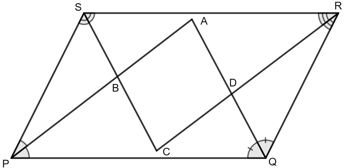 In the diagram given below, the bisectors of interior angles of the parallelogram PQRS enclose a quadrilateral ABCD. Show that: Special Types of Quadrilaterals, Concise Mathematics Solutions ICSE Class 8.