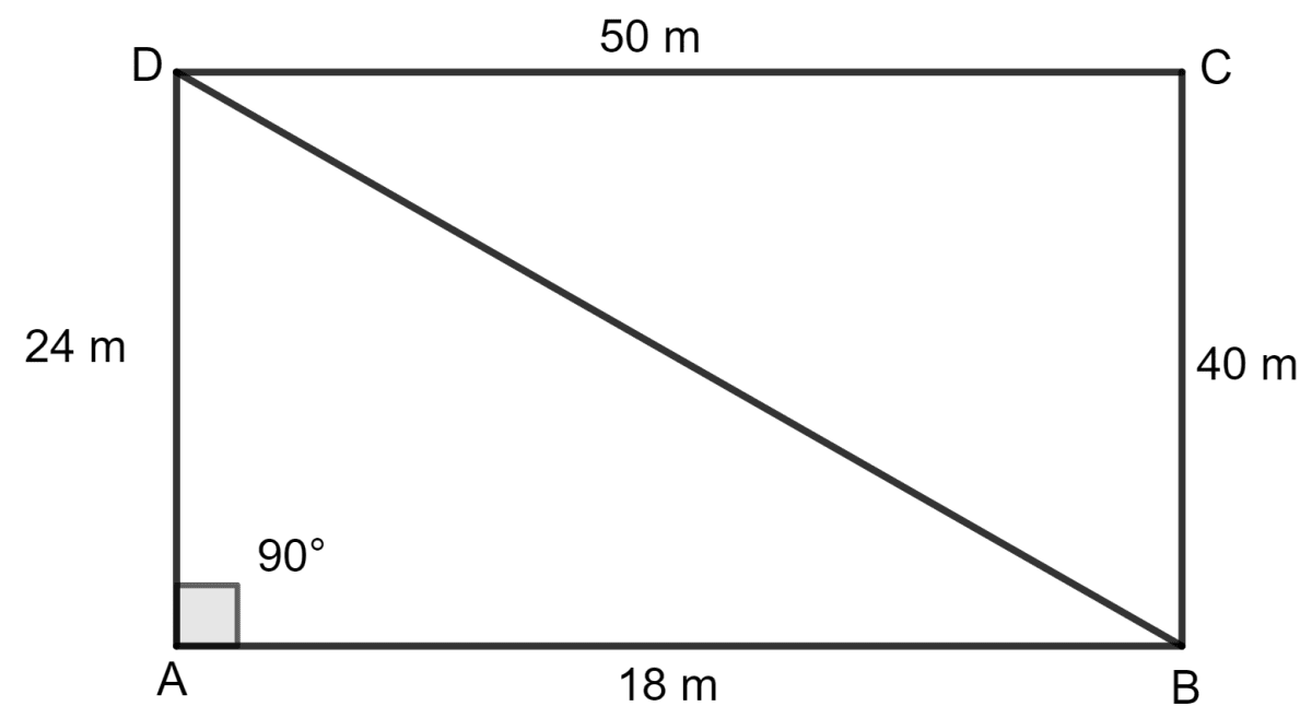 A field is in the shape of a quadrilateral ABCD in which side AB = 18 m, side AD = 24 m, side BC = 40 m, DC = 50 m and angle A = 90°. Find the area of the field. Area of a Trapezium and a Polygon, Concise Mathematics Solutions ICSE Class 8.