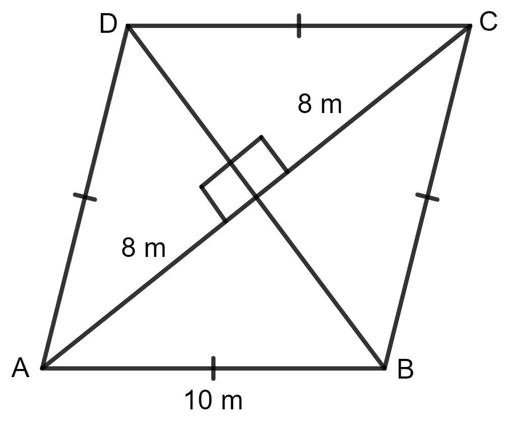 A thin metal iron-sheet is a rhombus in shape, with each side 10 m. If one of its diagonals is 16 m, find the cost of painting its both sides at the rate of ₹ 6 per m2. Area of a Trapezium and a Polygon, Concise Mathematics Solutions ICSE Class 8.