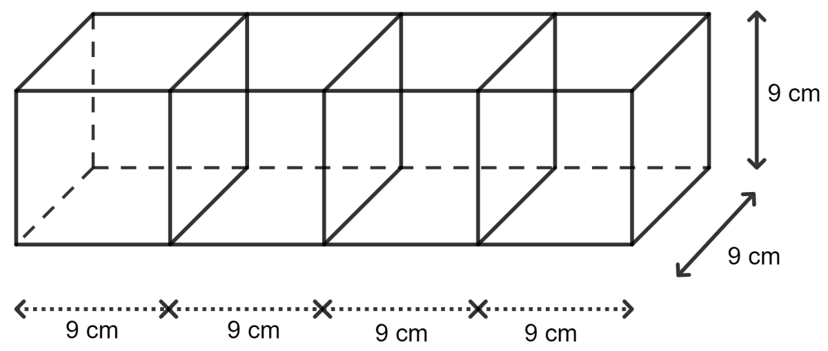 Four cubes, each of edge 9 cm, are joined as shown below : Surface Area, Volume and Capacity, Concise Mathematics Solutions ICSE Class 8.