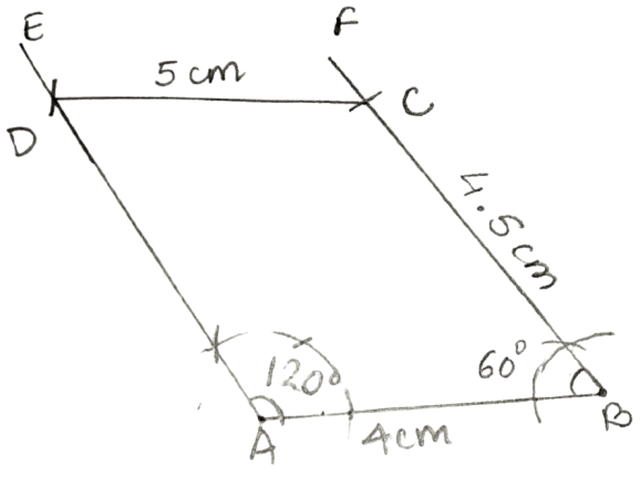 Construct a quadrilateral ABCD in which ∠A = 120°, ∠B = 60°, AB = 4 cm, BC = 4.5 cm and CD = 5 cm. Constructions, Concise Mathematics Solutions ICSE Class 8.