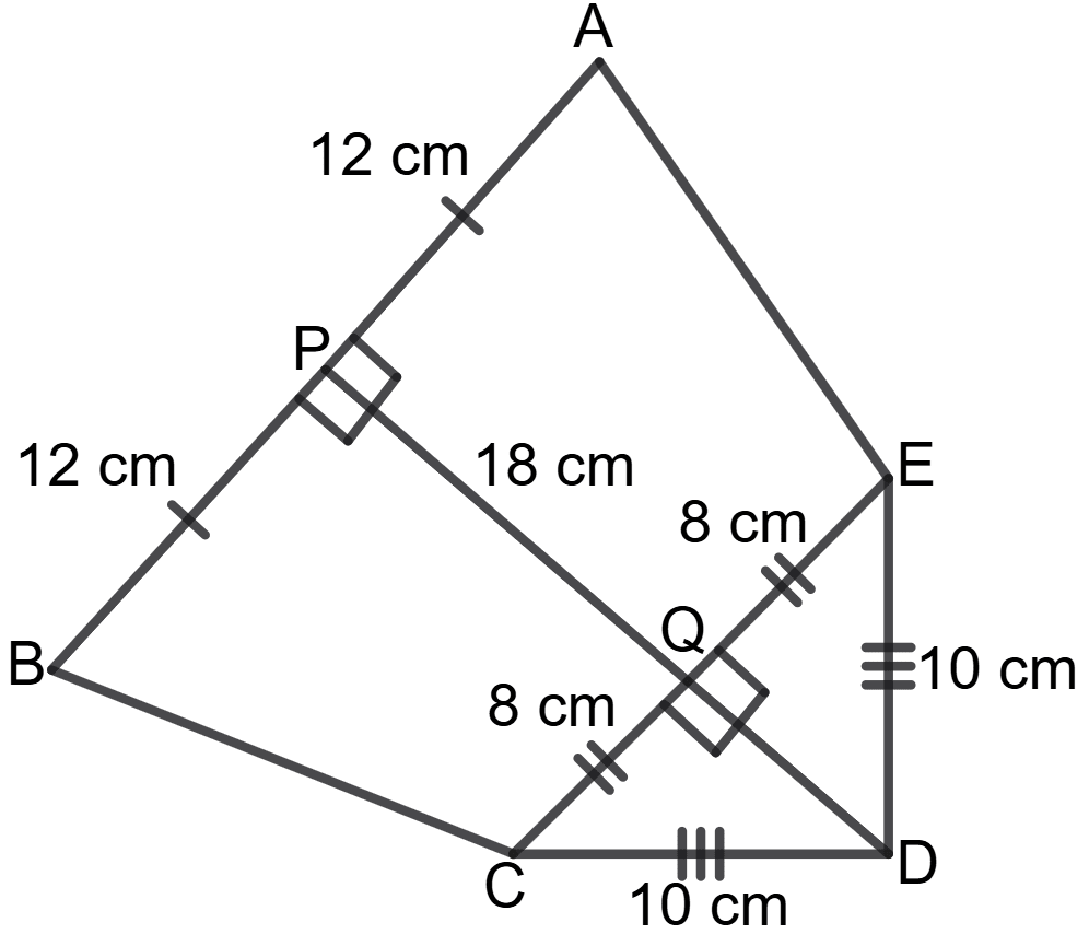In a pentagon ABCDE, DP is drawn perpendicular to AB and is perpendicular to CE also at point Q. If AP = BP = 12 cm, EQ = CQ = 8 cm, DE = DC = 10 cm and DP = 18 cm, find the area of the pentagon ABCDE. Chapterwise Revision (Stage 2), Concise Mathematics Solutions ICSE Class 9.
