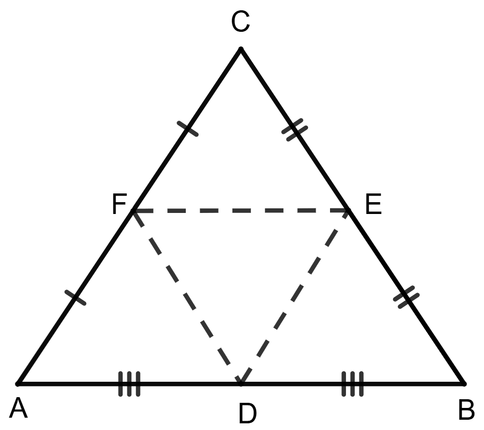 The midpoint of the side of a triangle are joined together to get four triangles. These four triangles, Are not equal to each other. 2. congruent to each other. 3. not congruent to each other. 4. none of these: Mid-Point Theorem, Concise Mathematics Solutions ICSE Class 9.